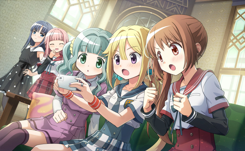 5girls :o artist_request bare_arms bare_shoulders black_bow black_dress black_sleeves black_thighhighs blonde_hair blue_bow blue_bowtie blue_eyes blue_hair blue_necktie blue_sailor_collar blue_skirt blunt_bangs bow bowtie braid breast_pocket brown_hair buttons casual cellphone chuo_academy_school_uniform clenched_hand clenched_hands closed_mouth collared_dress collared_shirt couch cowboy_shot crest curious day determined dot_nose dress futaba_sana game_cg green_eyes green_hair grey_pantyhose hair_between_eyes hair_bobbles hair_intakes hair_ornament hair_ribbon hair_scrunchie hand_on_own_hip happy high-waist_skirt high_collar highres holding holding_phone indoors jewelry kamihama_university_affiliated_school_uniform laughing layered_sleeves light_blush light_particles living_room long_hair long_sleeves looking_at_object low_twintails magia_record:_mahou_shoujo_madoka_magica_gaiden mahou_shoujo_madoka_magica mahou_shoujo_madoka_magica_magia_exedra medium_dress miniskirt mitsuki_felicia mizuna_girls&#039;_academy_school_uniform multiple_girls nanami_yachiyo neck_ribbon necktie official_art on_couch open_mouth pantyhose parted_bangs phone pink_hair plaid_clothes plaid_skirt playing_games pleated_dress pocket polka_dot polka_dot_dress purple_dress purple_eyes red_ribbon red_sailor_collar red_skirt ribbon ring sailor_collar school_uniform scrunchie shirt shirt_under_dress short_dress short_over_long_sleeves short_sleeves side_ponytail sidelocks sitting skirt sleeveless sleeveless_dress smartphone standing striped_wristband tamaki_iroha thighhighs twin_braids twintails v-shaped_eyebrows waist_bow wavy_hair white_shirt window wristband yellow_ribbon yellow_scrunchie yui_tsuruno zettai_ryouiki