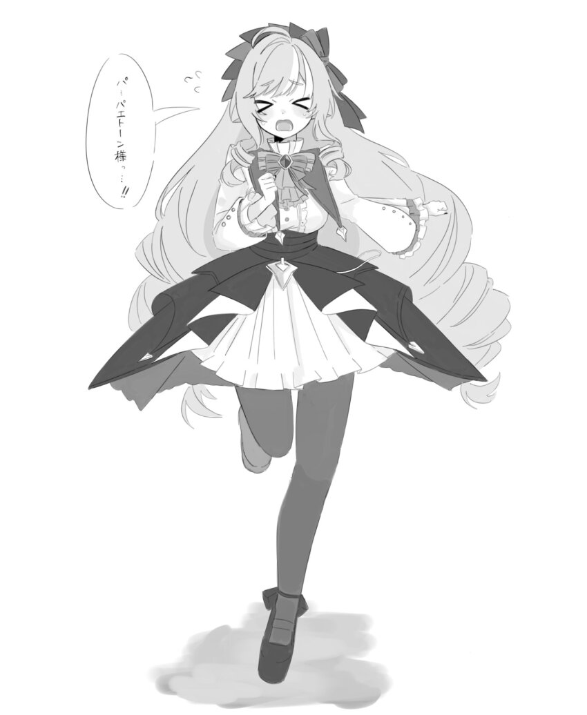 &gt;_&lt; 1girl ahoge ascot black_pantyhose center_frills dress drill_hair frills full_body greyscale hairband highres honda_nyoon long_hair monochrome open_mouth pantyhose running shrug_(clothing) solo speech_bubble twin_drills vivian_banshee white_shrug zenless_zone_zero