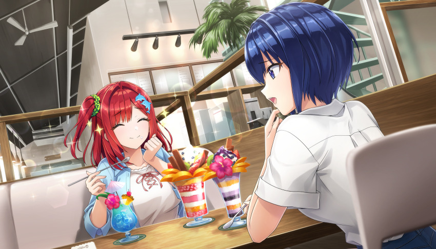 2girls bird blouse blue_eyes blue_hair blue_jacket blue_shirt breasts closed_eyes copyright_notice dolphin_hair_ornament dolphin_wave facing_another food game_cg green_scrunchie hair_intakes hair_ornament hair_scrunchie highres holding holding_spoon indoors jacket large_breasts long_skirt looking_at_another medium_hair multiple_girls non-web_source official_art one_side_up ootomo_takuji parfait pink_skirt red_hair sakimiya_iruka scrunchie seagull shirt short_hair sitting skirt sparkle spoon sunlight tojou_michiru white_hair white_shirt
