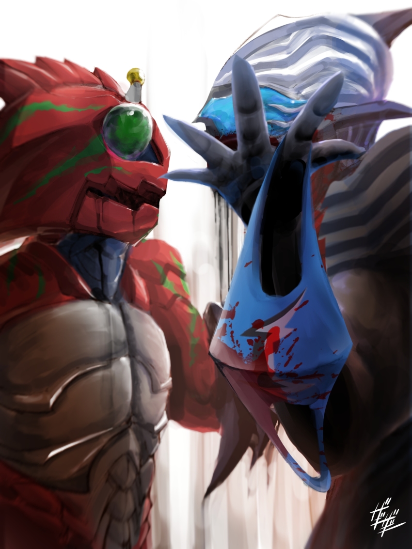 2boys armor battle black_armor blood bodysuit claws colored_skin commentary_request compound_eyes convenient_censoring demon demon_boy fake_horns fins full_body glowing green_eyes highres horned_headwear horns kamen_rider kamen_rider_amazon_alpha kamen_rider_amazons kamen_rider_revice male_focus mask monster multiple_boys no_humans pointy_ears removing_mask rider_belt sharp_teeth signature single_horn spiked_armor standing teeth tokusatsu two-tone_background upper_body vice_(kamen_rider_revice) zagizagi