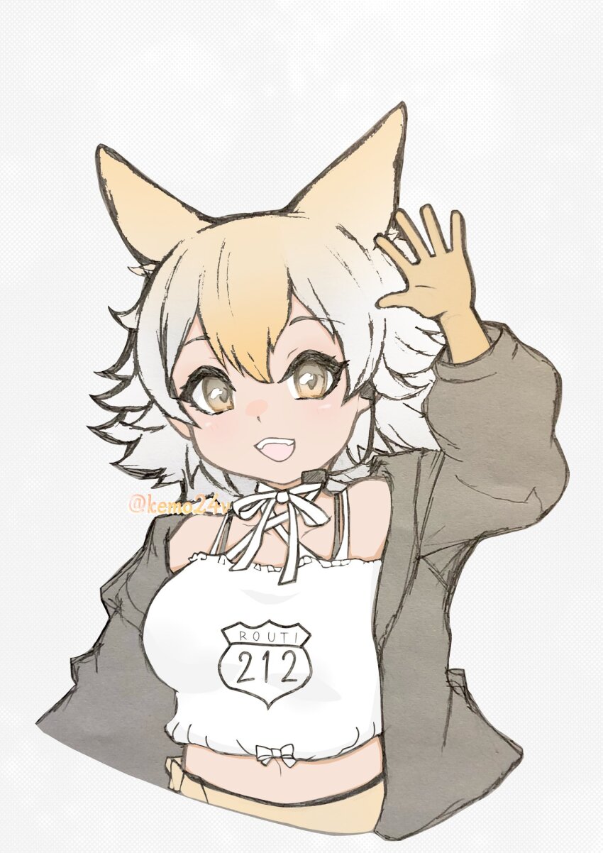 1girl animal_ears black_jacket blonde_hair camisole coyote_(kemono_friends) extra_ears gloves highres jacket kemo24vv kemono_friends kemono_friends_v_project looking_at_viewer microphone neck_ribbon ribbon short_hair simple_background skirt solo upper_body virtual_youtuber white_camisole wolf_ears wolf_girl yellow_eyes