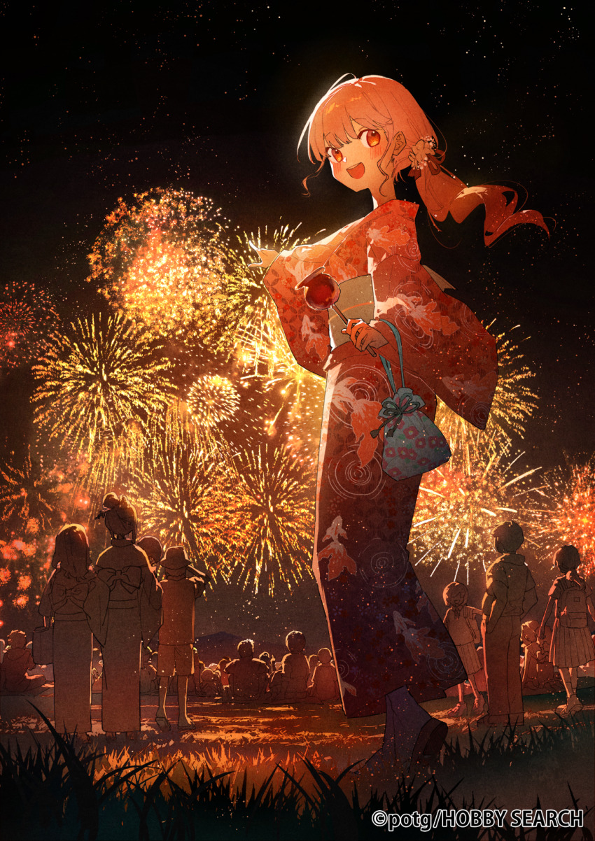 6+girls :d aerial_fireworks candy_apple fireworks floral_print food grass highres holding japanese_clothes kimono long_hair looking_at_viewer multiple_girls night night_sky obi official_art open_mouth orange_eyes original outdoors people potg_(piotegu) print_kimono red_kimono sash sky smile solo_focus standing wide_sleeves yukata