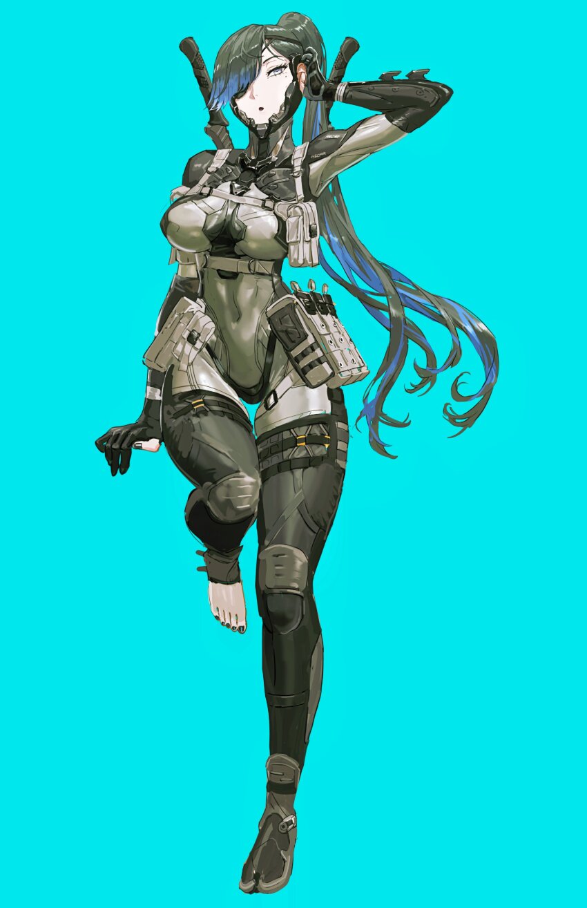 1girl absurdres barefoot black_hair black_nails blue_background blue_hair bodysuit breasts cavehuuu covered_navel eyepatch gloves grey_bodysuit grey_eyes hair_over_one_eye hand_in_own_hair highres large_breasts long_hair looking_at_viewer mole mole_under_eye multicolored_hair open_mouth original partially_fingerless_gloves ponytail simple_background skin_tight solo standing standing_on_one_leg sword sword_on_back weapon weapon_on_back