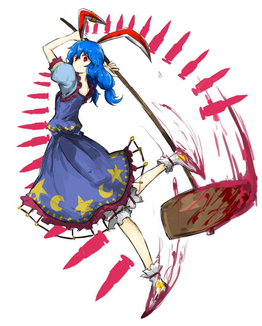 1girl animal_ears attack bad_id bad_pixiv_id blood bloody bloody_weapon bloomers blue_dress blue_hair breasts danmaku dress earclip female_focus from_side full_body highres holding holding_weapon kankan33333 kine long_hair looking_at_viewer looking_to_the_side mallet moon_print rabbit_ears red_eyes seiran_(touhou) shoes short_sleeves simple_background small_breasts smile solo split_ponytail star_(symbol) star_print swinging touhou underwear weapon white_background white_shoes