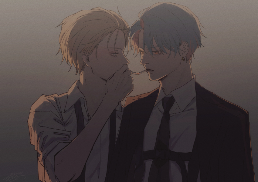 2boys black_jacket black_necktie blonde_hair cigarette_kiss collared_shirt earrings formal_clothes grey_background grey_hair highres jacket jewelry kurosujuu male_focus multiple_boys necktie orange_eyes original shirt short_hair signature smoking suit suspenders upper_body yaoi