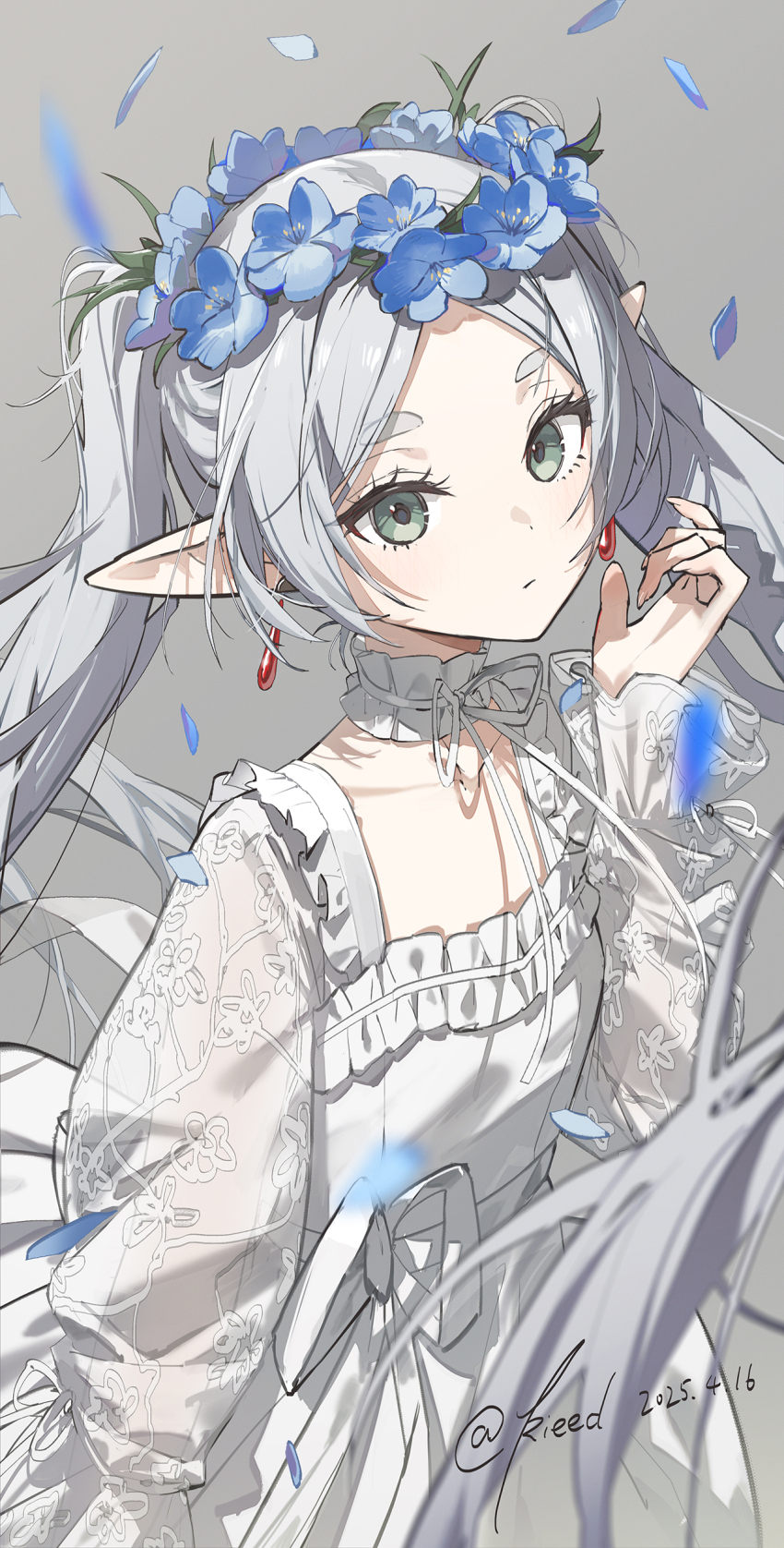 1girl absurdres alternate_costume blue_flower choker closed_mouth dress earrings elf flower forehead frieren frilled_choker frilled_dress frills green_eyes hair_flower hair_ornament head_wreath highres jewelry kieed long_hair looking_at_viewer parted_bangs pointy_ears sidelocks solo sousou_no_frieren twintails white_choker white_dress white_hair