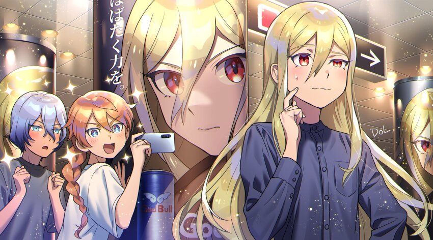 3boys ad afuro_terumi androgynous aqua_eyes bishounen black_shirt blonde_hair blue_eyes blue_hair blue_shirt blush braid cellphone dolustoy energy_drink hadeno_tetsu heruse_arisu highres inazuma_eleven_(series) inazuma_eleven_ares_no_tenbin long_hair male_focus multiple_boys open_mouth orange_hair phone poster_(object) red_eyes shirt single_braid smartphone sparkle sweatdrop taking_picture tiles upper_body white_shirt