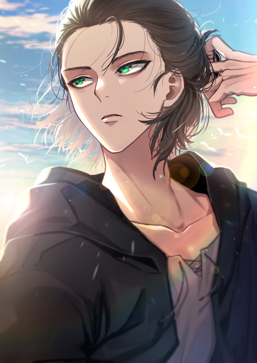 1boy absurdres adam&#039;s_apple black_hair black_jacket blue_sky buku2_suisou cloud collarbone drawstring eren_yeager eyelashes green_eyes grey_shirt highres jacket looking_back male_focus parted_lips shingeki_no_kyojin shirt sky solo twirling_hair