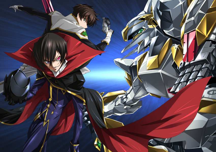 2boys black_cape black_gloves black_hair brown_hair cape code_geass geass gloves green_eyes gun hair_between_eyes handgun helmet highres holding holding_gun holding_helmet holding_weapon jacket knightmare_frame lancelot_(code_geass) lancelot_z-01 lelouch_vi_britannia looking_at_viewer male_focus mecha multiple_boys paintedmike parted_lips pilot_suit pistol purple_eyes purple_jacket robot science_fiction unworn_headwear unworn_helmet weapon white_gloves zero_(code_geass)