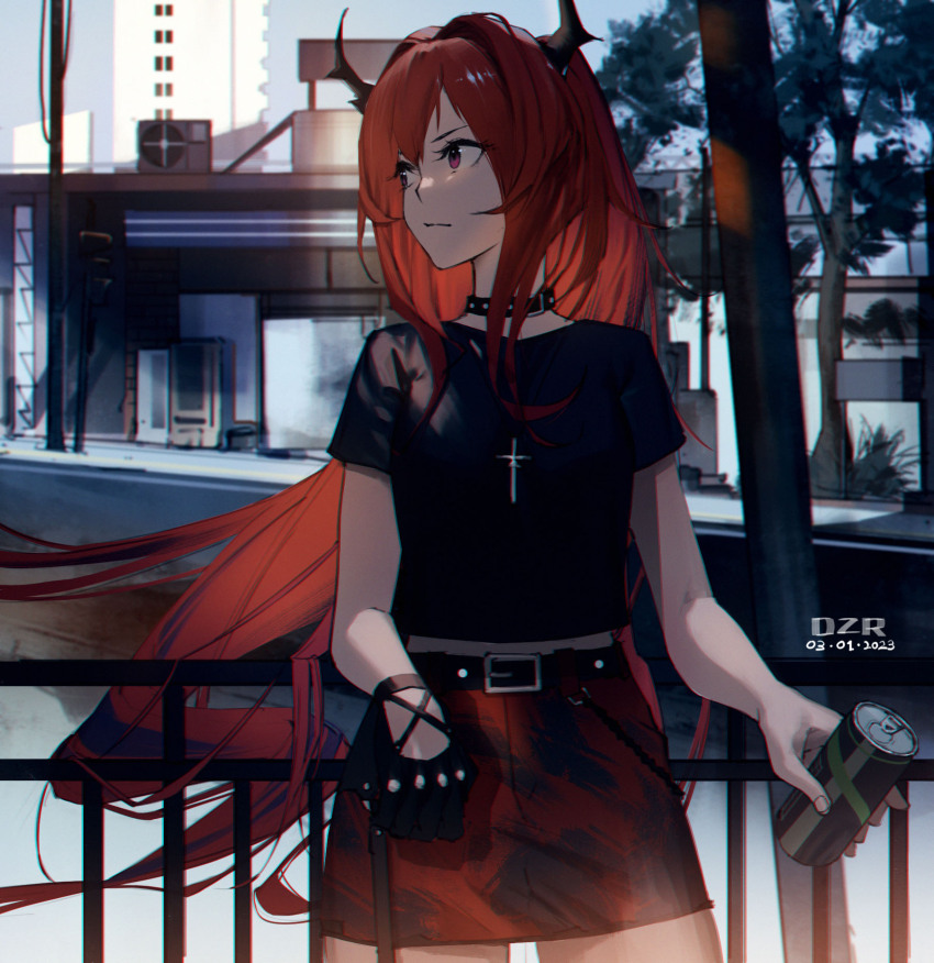 1girl against_railing arknights belt belt_buckle black_gloves black_shirt buckle can cross cross_necklace danzir dated day drink_can gloves highres holding holding_can horns jewelry long_hair looking_away looking_to_the_side midriff_peek necklace outdoors purple_eyes railing red_hair red_skirt shirt short_sleeves signature single_glove skirt soda_can solo surtr_(arknights) surtr_(liberte_echec)_(arknights) town tree v-shaped_eyebrows very_long_hair