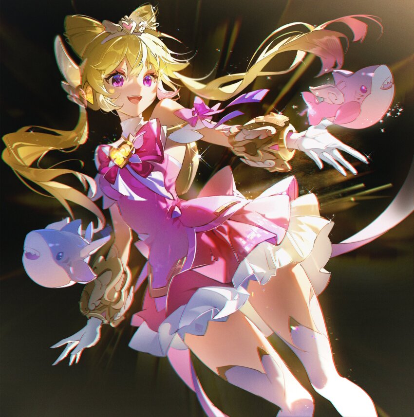 1girl arm_bow back_bow bare_shoulders black_background blonde_hair bow bow-shaped_hair bowtie bracer chest_jewel cowboy_shot dress dutch_angle eyelashes floating_clothes floating_hair frilled_skirt frills gem gloves gradient_bow hair_between_eyes hair_ornament happy heart heart-shaped_gem heart_hair_ornament highres juno_(overwatch) light_particles long_hair looking_ahead magical_girl miniskirt official_alternate_costume open_mouth outstretched_hand overwatch pink_bow pink_bowtie pink_dress pink_skirt pleated_skirt purple_bow purple_eyes road_233 shark short_dress simple_background skirt skirt_set smile solo sparkle strapless strapless_dress teeth thighhighs tiara twintails two-tone_bow upper_teeth_only very_long_hair white_gloves white_thighhighs wing_hair_ornament winged_animal yellow_gemstone