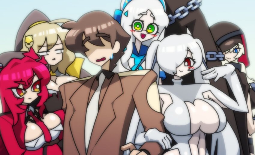 1boy 5girls ahoge anis_(nikke) armpit_cutout bare_shoulders beret black_hat blonde_hair blue_eyes blush bodysuit breasts broken_mask brown_hair cat_hair_ornament cinderella_(nikke) cleavage cleavage_cutout cloak closed_mouth clothing_cutout coffin commander_(nikke) counters_(nikke) cropped_shirt faceless faceless_male glasses goddess_of_victory:_nikke grave_(nikke) green_eyes hair_between_eyes hair_ornament hair_over_eyes hair_over_one_eye hat hood hood_up hooded_cloak jacket kimharu_animation large_breasts leg_cutout long_hair looking_at_viewer mask midriff military_jacket military_uniform multiple_girls navel navel_cutout necktie neon_(nikke) official_alternate_design official_alternate_hair_color one_eye_covered open_mouth rapi_(nikke) rapi_(red_hood)_(nikke) red_eyes red_hair red_necktie see-through_bodysuit see-through_clothes see-through_skirt shiny_eyes short_hair shorts sidelocks skirt smile stomach_cutout tactical_clothes twintails two-tone_gloves very_long_hair white_bodysuit white_hair yellow_jacket