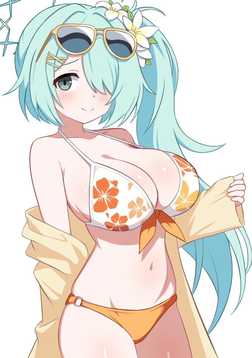 1girl aqua_hair aqua_halo bare_shoulders bikini blue_archive breasts cleavage closed_mouth cowboy_shot eyewear_on_head floral_print floral_print_bikini flower hair_flower hair_ornament hair_over_one_eye halo highres hiyori_(blue_archive) hiyori_(swimsuit)_(blue_archive) io9 jacket jacket_partially_removed large_breasts long_hair navel o-ring o-ring_bikini print_bikini side_ponytail simple_background smile solo stomach sunglasses swimsuit white_background white_flower yellow_jacket