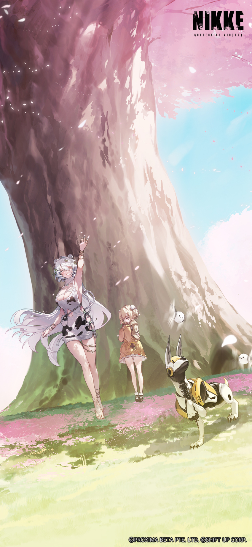 2girls absurdres animal_print arm_up bag bird blonde_hair blue_sky breasts cherry_blossoms cleavage closed_eyes clothing_cutout commentary cow_print day dress english_commentary full_body goddess_of_victory:_nikke handbag highres large_breasts liter_(cute_sunflower)_(nikke) liter_(nikke) long_hair long_sleeves looking_at_viewer medium_hair multiple_girls navel_cutout non-humanoid_robot official_art on_grass outdoors robot robot_animal shoes short_twintails sky smile standing sweater thigh_strap tree trina_(nikke) twintails volt_(nikke) yellow_dress yellow_sweater