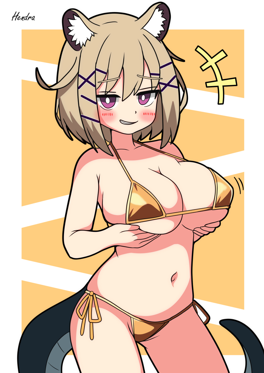 1girl absurdres animal_ear_fluff animal_ears arknights artist_name bikini breasts brown_hair commentary_request cowboy_shot gold_bikini hendra highres large_breasts navel parted_lips short_hair side-tie_bikini_bottom signature simple_background solo swimsuit tail utage_(arknights) yellow_background