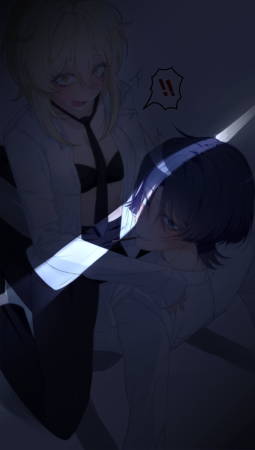 ! !! 1boy 1girl @_@ absurdres alternate_costume arm_support black_bra black_necktie black_pants blonde_hair blunt_ends blush bra breasts caught cleavage contemporary couple embarrassed eyelashes fang fingernails food food_in_mouth formal_clothes genshin_impact hair_between_eyes hand_on_another&#039;s_shoulder hetero highres hldaisuki long_sleeves looking_at_viewer lumine_(genshin_impact) necktie open_clothes open_mouth open_shirt opening_door pants parted_bangs pocky pocky_in_mouth purple_eyes purple_hair scaramouche_(genshin_impact) shirt short_hair short_hair_with_long_locks sidelocks sleeves_past_wrists small_breasts spoken_exclamation_mark straddling surprised sweat tsurime turning_head twitching underwear upright_straddle white_shirt white_sleeves wide-eyed yellow_eyes