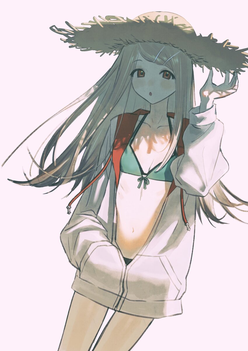 1girl absurdres bikini cerevevisiae flat_chest gakuen_idolmaster green_bikini grey_hair hat highres idolmaster jacket long_hair looking_at_viewer navel open_clothes open_jacket open_mouth orange_eyes shade shinosawa_hiro simple_background solo straw_hat swimsuit white_background