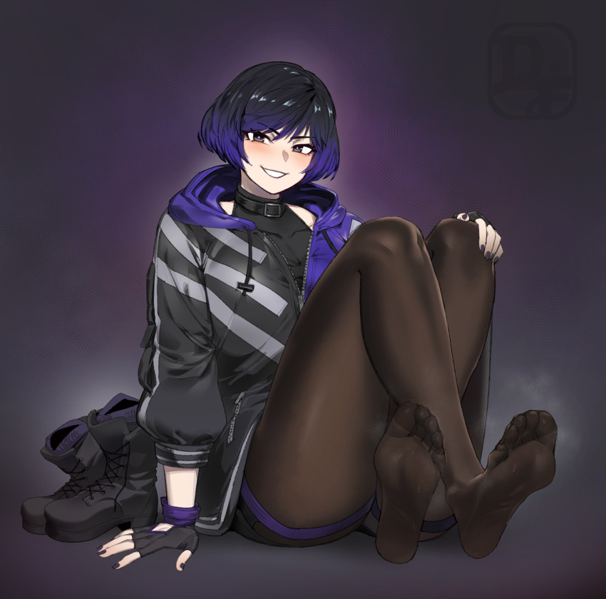 1girl black_hair boots difman feet fingerless_gloves gloves gradient_hair hand_on_own_knee highres light_blush looking_at_viewer medium_hair multicolored_hair pantyhose parted_lips purple_eyes purple_hair reina_(tekken) shoes smile soles steam tekken tekken_8 toes two-tone_hair unworn_boots unworn_shoes