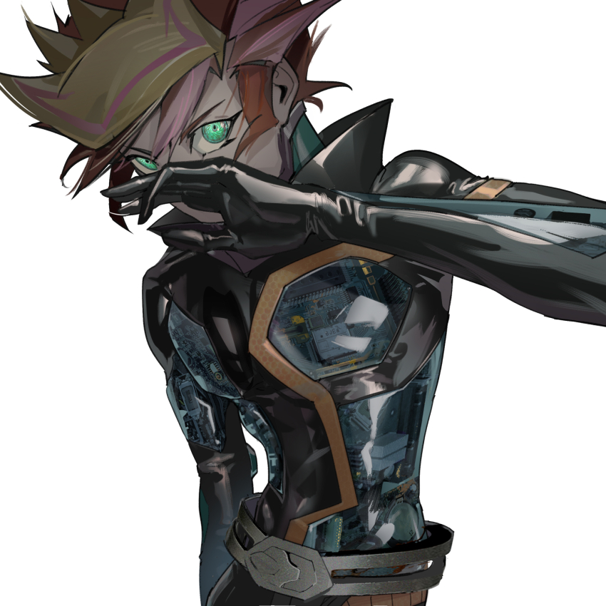 1boy arm_at_side arm_up belt black_bodysuit black_gloves bodysuit circuit_board colored_bangs covering_face covering_nose covering_own_mouth diffeng_cn colored_bangs facing_to_the_side fujiki_yusaku gloves green_eyes grey_belt highres humanoid_robot leaning_forward leaning_to_the_side male_focus mechabare mechanical_arms mechanical_legs motherboard open_hand playmaker_(yu-gi-oh!) popped_collar red_hair robot see-through_body see-through_clothes spiked_hair technology techwear white_background yellow_trim yu-gi-oh! yu-gi-oh!_vrains