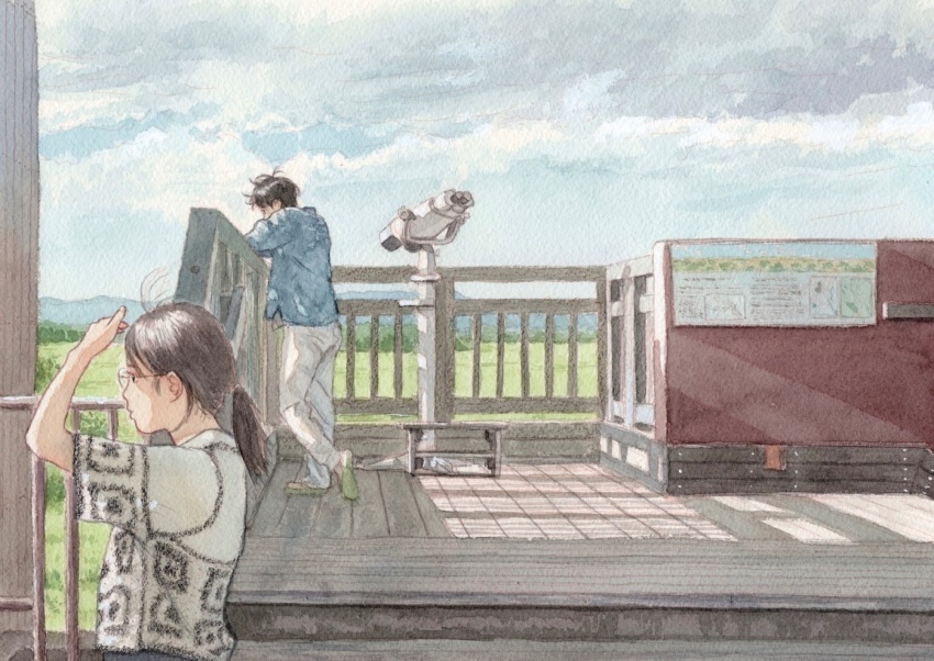 1boy 1girl binoculars black_hair blue_shirt cloud cloudy_sky day glasses mountainous_horizon ooyoko_yamaame original outdoors pants platform ponytail profile railing sandals shirt short_hair short_sleeves sky traditional_media white_pants