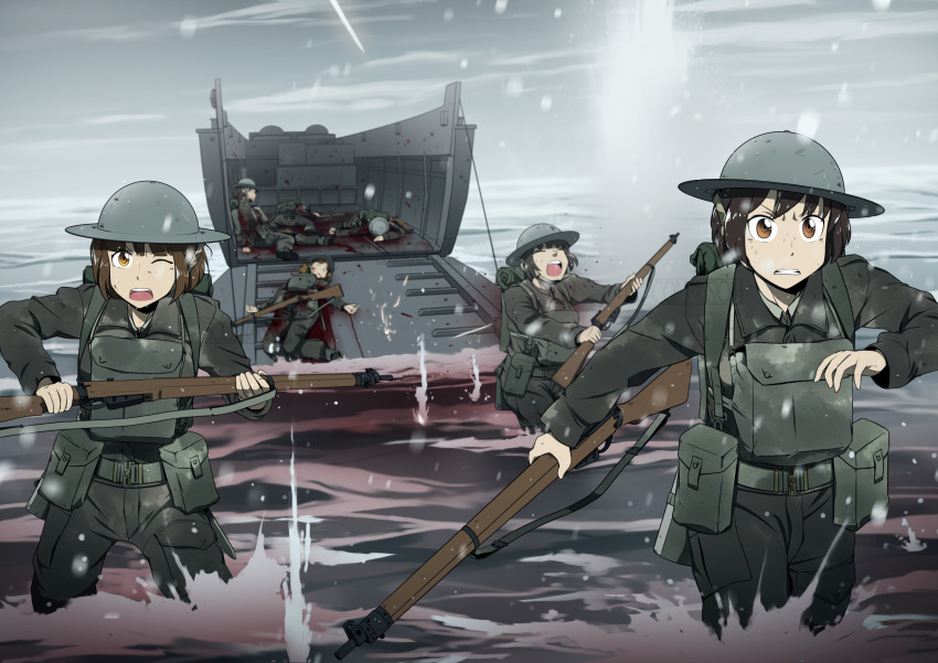 6+girls backpack bag blood bolt_action brodie_helmet brown_eyes brown_hair closed_eyes combat_helmet commentary d-day death english_commentary frown grey_headwear grey_jacket grey_pants grimace gun helmet highres holding holding_gun holding_weapon jacket landing_craft lee-enfield long_hair long_sleeves military military_uniform military_vehicle mrxinom multiple_girls ocean one_eye_closed open_mouth original pants pouch rifle soldier splashing standing united_kingdom wading walking war water watercraft weapon world_war_ii