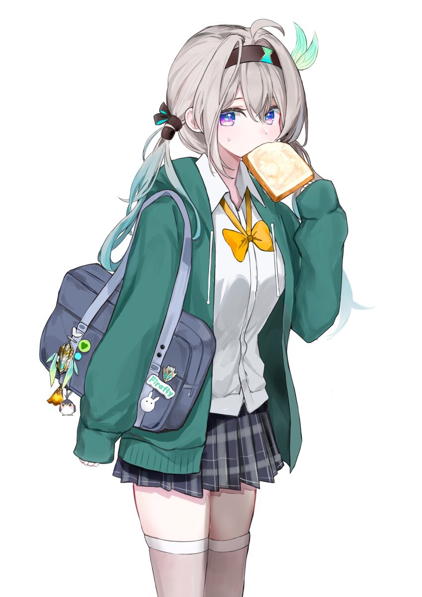 1girl absurdres bag blue_bag blue_sky bow bowtie bread bread_slice brown_hairband character_name collared_shirt dana_(hapong07) english_text firefly_(honkai:_star_rail) food food_in_mouth gradient_eyes gradient_hair green_pupils grey_hair hair_between_eyes hair_intakes hair_ornament hair_ribbon hair_tubes hairband highres honkai:_star_rail honkai_(series) long_hair multicolored_eyes multicolored_hair orange_bow orange_bowtie pleated_skirt ribbon shirt shoulder_bag simple_background skirt sky solo sweatdrop thighhighs twintails two-tone_eyes white_background white_shirt white_thighhighs
