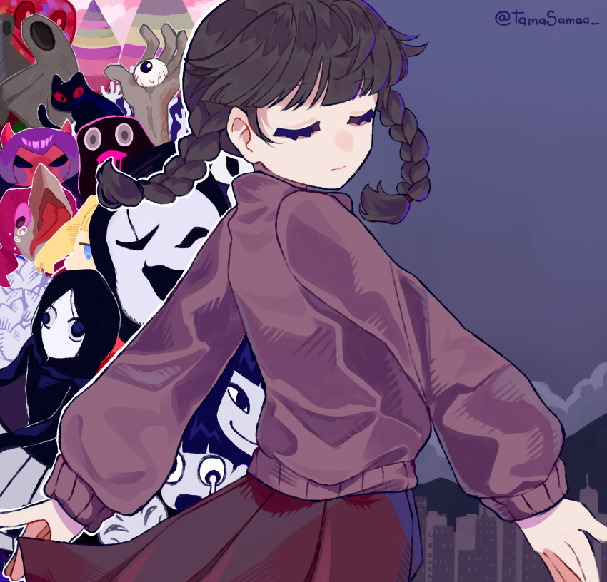 1boy 6+girls 6_9 :| absurdres animal animal_ears anniversary black_cat black_eyes black_hair blue_eyes blunt_ends braid building cat cat_ears city closed_eyes closed_mouth cloud cloudy_sky collage colored_sclera colored_skin commentary crying crying_with_eyes_open demon_girl demon_horns disembodied_hand expressionless eye_in_palm eyeball eyelashes fc_demon floating_hair flower highres horns jitome kyukkyu-kun long_sleeves looking_at_viewer madotsuki medamaude medium_hair monoe monoko multiple_girls no_mouth no_nose open_mouth outdoors outstretched_arms pink_sweater pleated_skirt poniko puffy_long_sleeves puffy_sleeves purple_hair purple_sclera red_hair red_sclera red_skin red_skirt sekomumasada_sensei signature skirt sky smile smug sweater tail tamasamaa tears tongue tongue_out toriningen turtleneck turtleneck_sweater twin_braids twintails twitter_username uboa walking white_flower wide-eyed wind yume_nikki