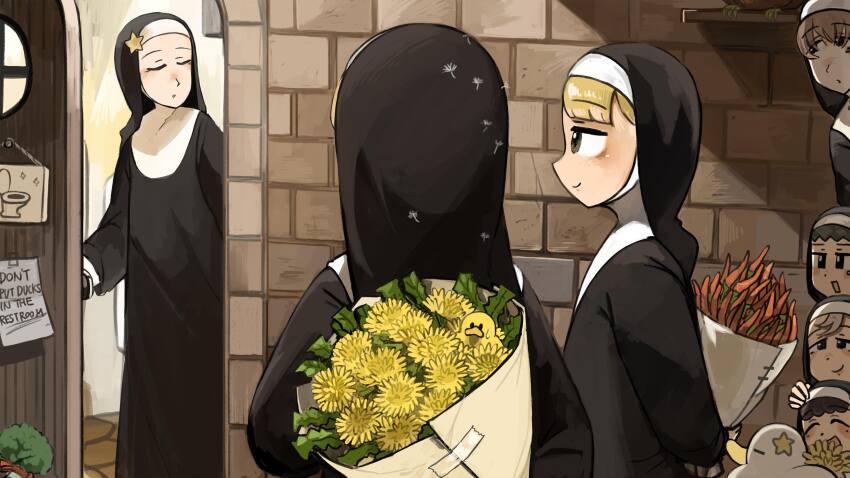 6+girls bird black_hair blonde_hair bouquet brick_wall brown_hair chicken chili_pepper closed_eyes clumsy_nun_(diva) commentary curly_hair dandelion dandelion_seed diva_(hyxpk) door duck duckling english_commentary flower grey_hair highres little_nuns_(diva) multiple_girls nun spicy_nun_(diva) star_nun_(diva) star_ornament traditional_nun yellow_eyes