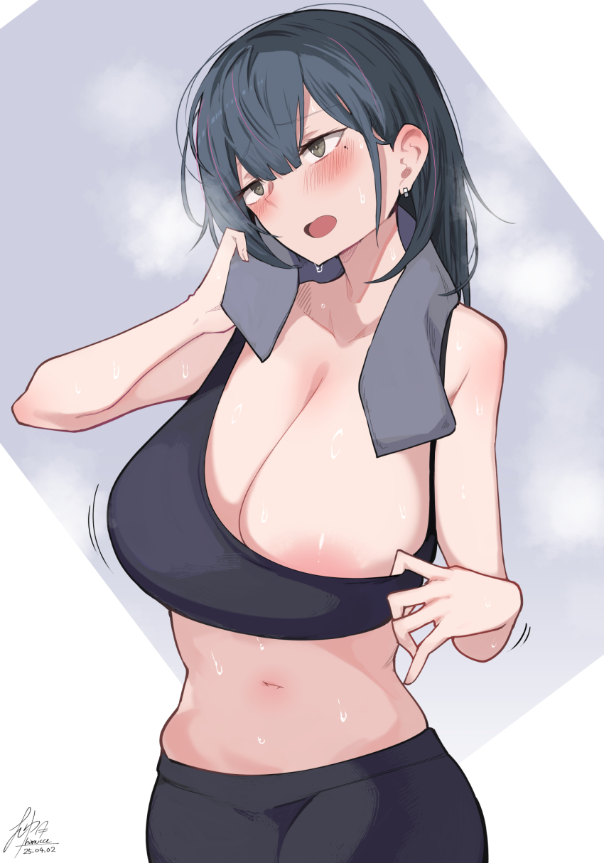 1girl areola_slip bare_arms black_hair black_leggings black_pants black_sports_bra blush breasts cleavage clothes_pull commentary_request grey_eyes highres large_breasts leggings long_hair mature_female mole mole_under_eye open_mouth original pants sagging_breasts signature simple_background solo sports_bra sports_bra_pull standing steam sweat textless_version towel towel_around_neck white_background yuzuki_himuka