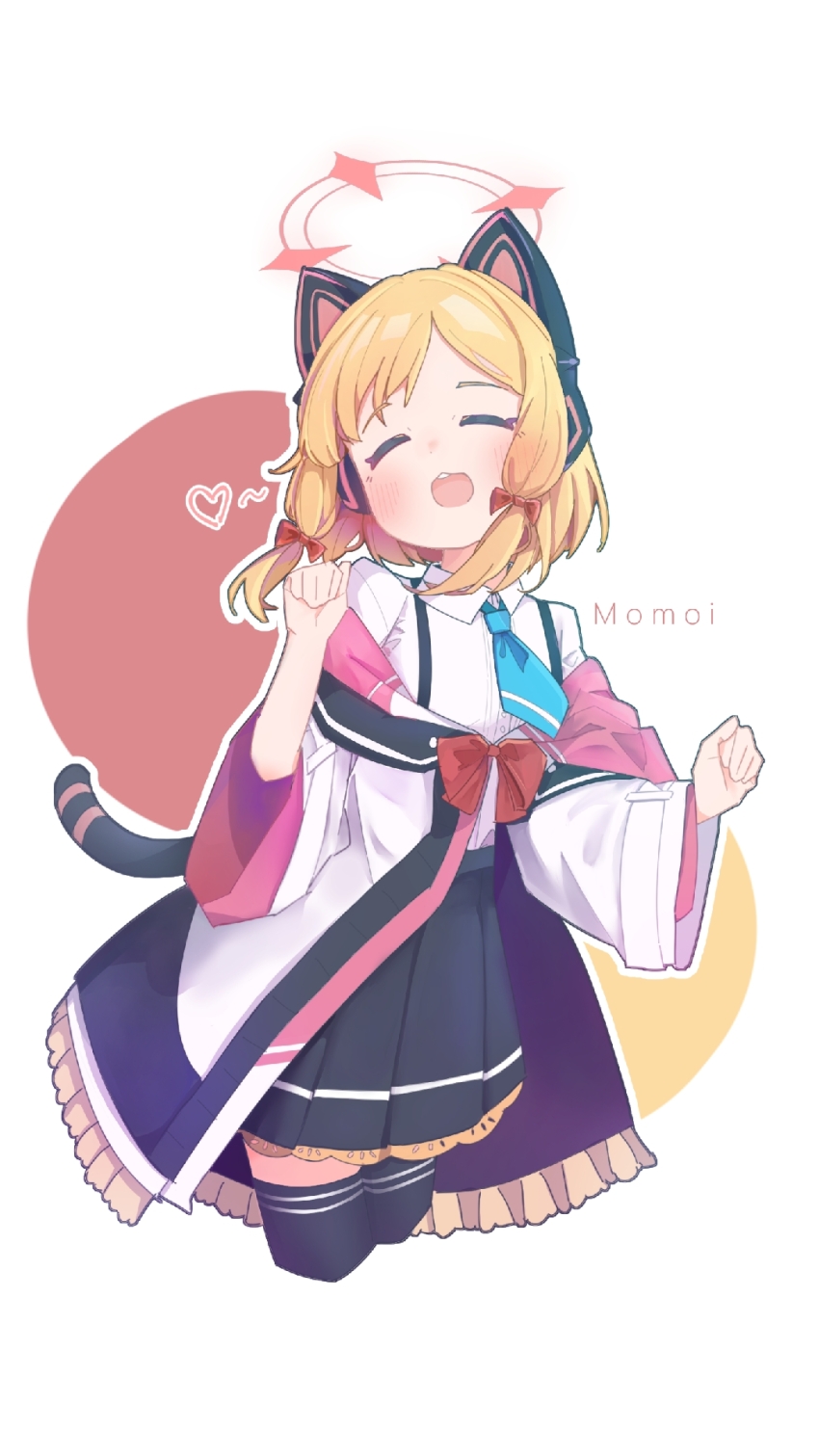 1girl animal_ear_headphones animal_ears black_jacket black_skirt black_thighhighs blonde_hair blue_archive blue_necktie blush bow buttons cat_ear_headphones cat_ears chestnut_mouth chinese_commentary closed_mouth collared_shirt commentary_request cowboy_shot cropped_legs dress_shirt facing_viewer fake_animal_ears frilled_jacket frilled_skirt frills hair_bow halo hands_up headphones heart highres jacket jestor_(277661503) long_sleeves low-tied_sidelocks making-of_available momoi_(blue_archive) multicolored_jacket necktie off_shoulder open_mouth outline parted_bangs paw_pose pink_jacket pleated_skirt red_background red_bow red_halo school_uniform shirt shirt_tucked_in short_hair short_necktie sidelocks simple_background skirt smile solo suspender_skirt suspenders teeth thighhighs upper_teeth_only white_background white_jacket white_outline white_shirt wide_sleeves yellow_background