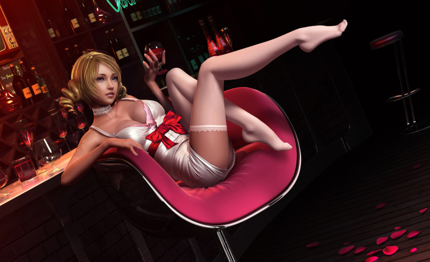 1girl 3d absurdres alcohol atlus bar_(place) bar_stool blonde_hair blue_eyes bottle bow bra breasts camisole catherine_(atlus_character) catherine_(game) choker cleavage cup drill_hair drinking_glass dutch_angle feet female_focus fishnet_thighhighs fishnets highres holding holding_cup holding_drinking_glass indoors leg_lift medium_breasts no_shoes parted_lips pencil_skirt petals pink_bra realistic reflection ribbon shirt short_hair short_twintails sign sitting skirt solo stool swept_bangs television thighhighs toe-point toes twin_drills twintails underwear waist_bow white_shirt white_skirt white_thighhighs wine wine_glass wooden_floor znz