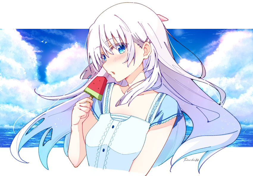 1girl bird blue_eyes blue_sleeves blunt_ends blush center_frills cloud collarbone commentary cropped_torso day dress floating_hair food frilled_dress frills hair_behind_ear hair_between_eyes hair_ornament hairclip hand_up highres holding holding_food holding_popsicle long_hair looking_at_viewer naruse_shiroha ocean open_mouth outdoors parallel_hairclips popsicle ringed_eyes seagull short_sleeves sidelocks signature solo summer_pockets toneriko86 upper_body very_long_hair watermelon_bar white_dress white_hair