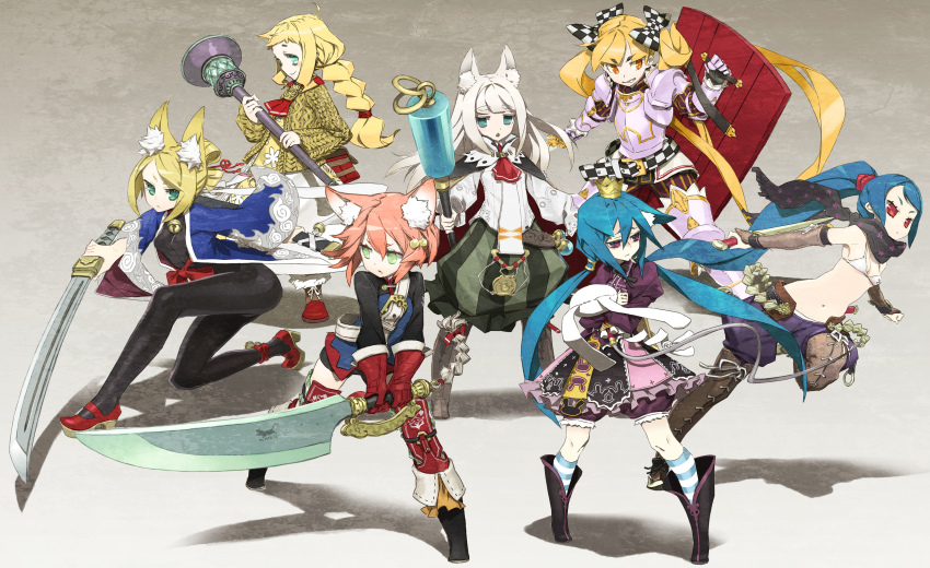 6+girls 7th_dragon 7th_dragon_(series) absurdres animal_ears berich_(7th_dragon) black_legwear blonde_hair blue_hair boots braid cat_ears crown dress fighter_(7th_dragon) fox_ears gloves green_eyes hair_bobbles hair_ornament harukara_(7th_dragon) healer_(7th_dragon) highres ikurakun_(7th_dragon) knight_(7th_dragon) long_hair lucier_(7th_dragon) mage_(7th_dragon) melk_(7th_dragon) miwa_shirow mol_(7th_dragon) momomeno_(7th_dragon) multiple_girls namuna_(7th_dragon) pantyhose pink_hair princess_(7th_dragon) red_eyes rogue_(7th_dragon) samurai_(7th_dragon) samurai_(7th_dragon) shield silver_hair squatting stuffed_animal stuffed_rabbit stuffed_toy sword twintails wand weapon