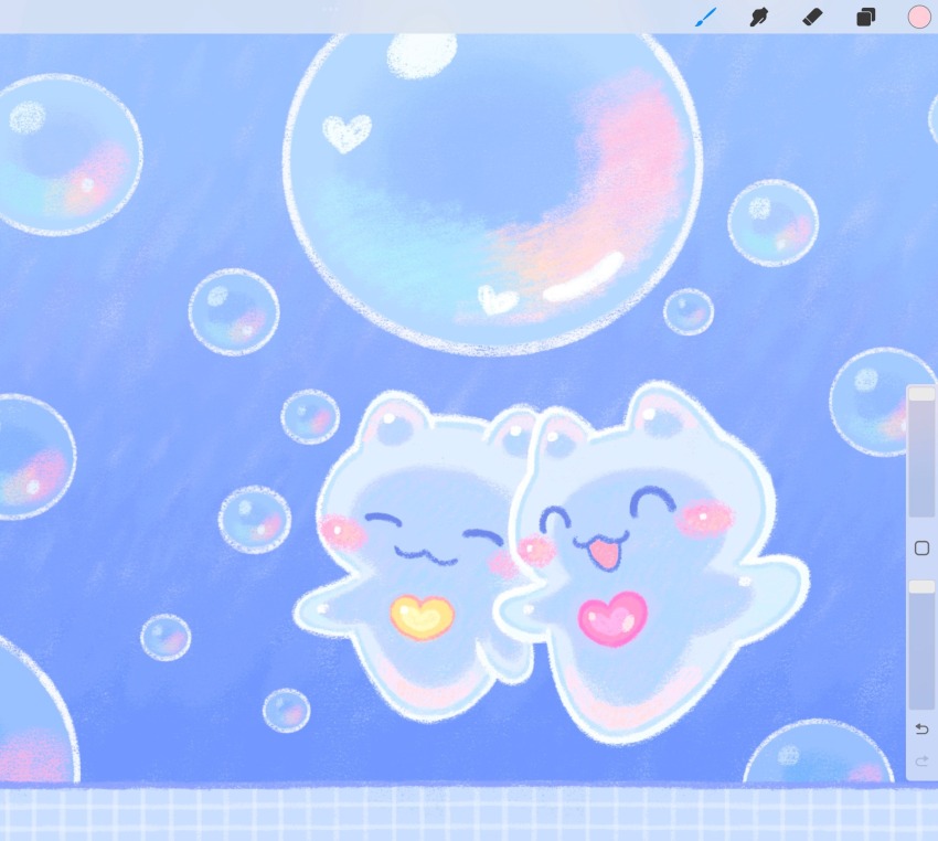 animal animal_focus art_program_in_frame blush_stickers bubble closed_eyes commentary english_commentary happy heart highres mogumu no_humans open_mouth original pastel_colors sea_angel sea_slug smile yume_kawaii