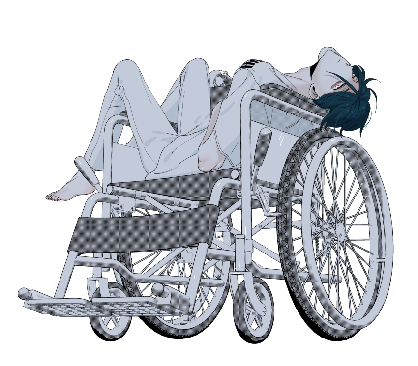 1boy absurdres barefoot full_body hair_between_eyes head_tilt highres knees_up looking_at_viewer looking_back lying maelo meguriya_ayumu on_back pants shirt short_hair simple_background solo toshi_densetsu_kaitai_center wheelchair white_background white_pants white_shirt yellow_eyes