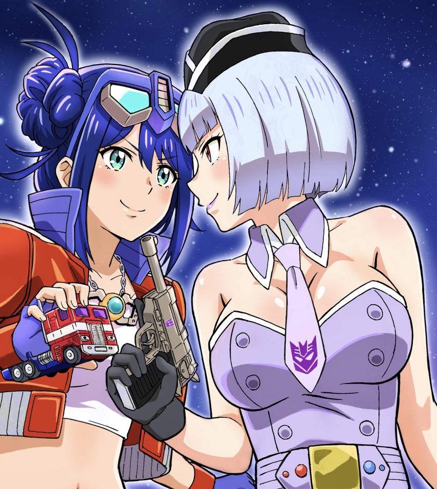 2girls belt black_gloves black_headwear black_skirt blue_belt blue_eyes blue_gloves blue_hair blush breasts cleavage collarbone crop_top cropped_shirt detached_collar double_bun eyewear_on_head fingerless_gloves garrison_cap glasses gloves grey_necktie grey_shorts gun hair_behind_ear hair_bun hat highres holding holding_gun holding_toy holding_weapon jacket jewelry komagoma kotobukiya_bishoujo looking_at_another matrix_of_leadership medium_breasts megatron megatron_(kotobukiya_bishoujo) midriff multiple_girls navel necklace necktie optimus_prime optimus_prime_(kotobukiya_bishoujo) purple_shirt red_jacket shirt short_hair shorts skirt smile space star_(sky) strapless strapless_shirt toy toy_truck transformers v-shaped_eyebrows weapon white_shirt