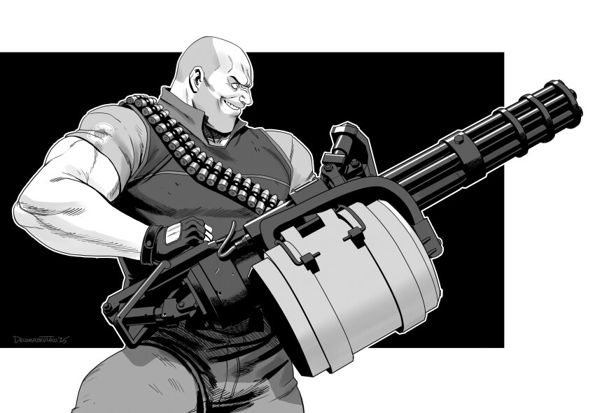 1boy absurdres ammunition_belt bald black_background decomposedtaco gatling_gun greyscale gun heavy_(tf2) highres holding holding_gun holding_weapon looking_to_the_side male_focus minigun monochrome muscular muscular_male team_fortress_2 two-tone_background weapon white_background