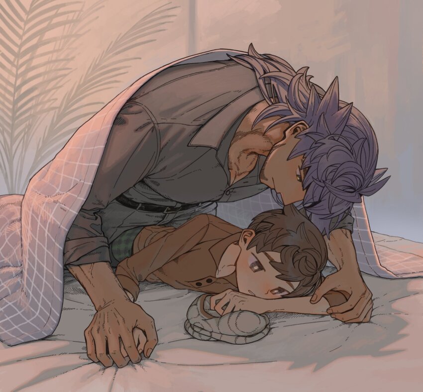 2boys age_difference beanie blanket blush brown_hair commentary commentary_request dark-skinned_male dark_skin facial_hair grey_headwear hat highres holding_hands leon_(pokemon) long_hair male_focus mmm3sushi multiple_boys muscular muscular_male nintendo onii-shota pokemon pokemon_swsh purple_hair red_shirt shared_blanket shirt short_hair swept_bangs under_covers victor_(pokemon) yaoi