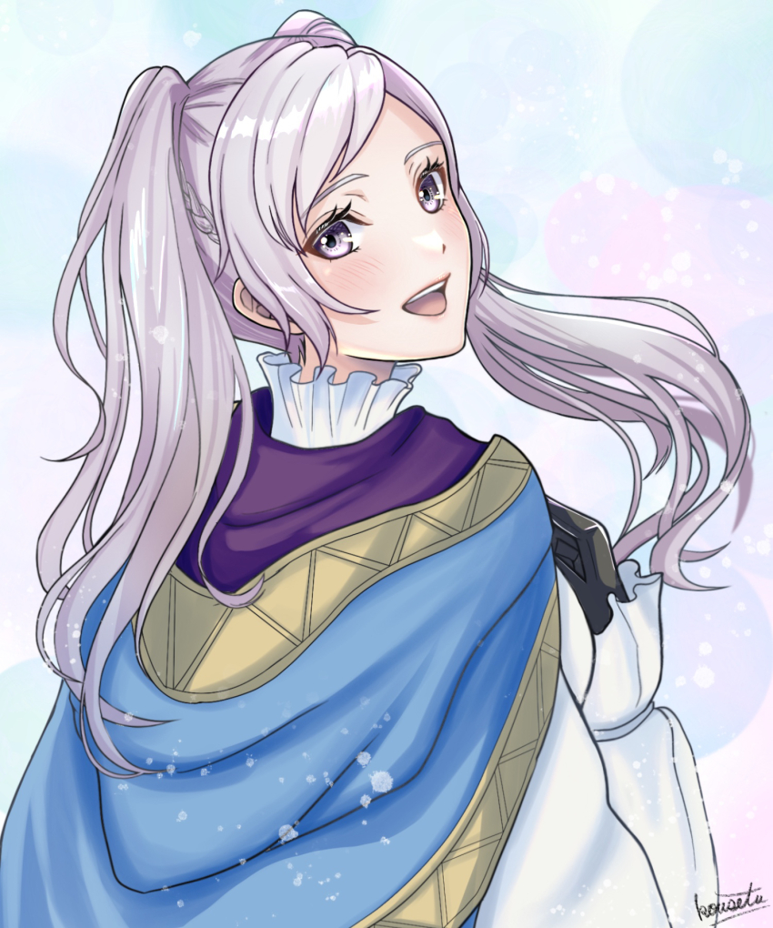 1girl black_gloves eyelashes female_robin_(fire_emblem) fire_emblem fire_emblem_awakening fire_emblem_heroes from_behind gloves highres kousetu0506 long_hair long_sleeves looking_at_viewer looking_back nintendo official_alternate_costume open_mouth female_robin_(exalt&#039;s_right_hand)_(fire_emblem) shirt signature solo teeth twintails upper_body upper_teeth_only white_hair white_shirt