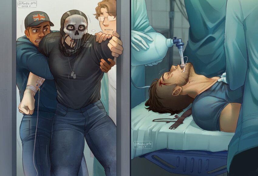 4boys absurdres baseball_cap black_hair black_shirt blood blood_on_face blue_hoodie blue_pants blue_shirt call_of_duty call_of_duty:_modern_warfare_2 closed_eyes dark-skinned_male dark_skin facial_hair gaz_(call_of_duty_4) ghost_(modern_warfare_2) hat highres hood hoodie injury looking_at_another lying male_focus mask mindiearts multiple_boys on_back open_mouth pants shirt short_hair skull_mask soap_(modern_warfare_2) torn_mask