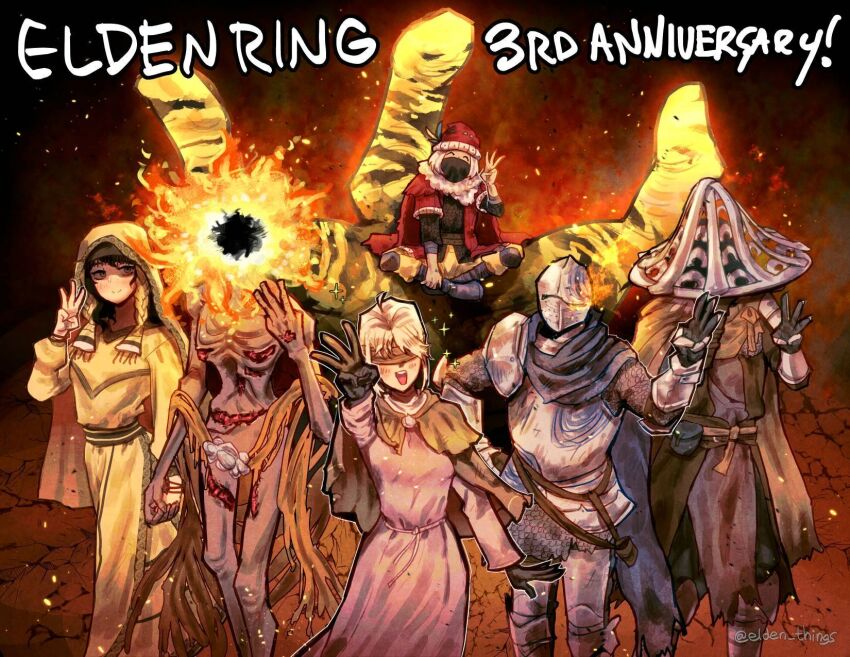 2girls 4boys :d anniversary armor artist_name black_gloves black_outline blindfold blonde_hair bloody_finger_hunter_yura commentary copyright_name elden_ring elden_ring:_shadow_of_the_erdtree elden_things english_commentary finger_maiden_hyetta gloves hat helm helmet highres mask merchant_kale midra_lord_of_frenzied_flame mouth_mask multiple_boys multiple_girls nanaya_(elden_ring) open_mouth outline red_hat roningasa roundtable_knight_vyke scale_armor shabriri_(elden_ring) sitting smile sparkle trait_connection twitter_username w
