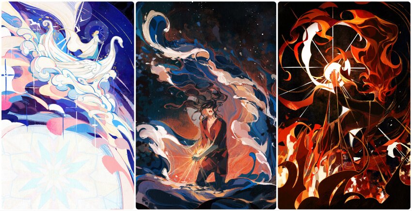 3boys absurdres beren black_hair black_pants blonde_hair boat border cape cloud column_lineup covered_eyes elf finrod fire floating_hair glowing highres holding holding_sword holding_weapon jacket long_hair maedhros male_focus medium_hair multiple_boys open_mouth pants pointy_ears red_hair red_jacket robe scenery simple_bird sparkle standing swan_boat sword the_silmarillion tolkien&#039;s_legendarium tolkien&#039;s_legendarium watercraft waves weapon white_border white_cape white_robe wide_shot yuming_haomafan