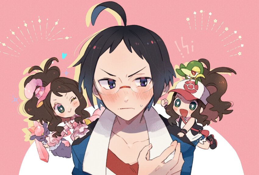 1boy 2girls :&gt; :d ahoge baseball_cap blue_eyes bright_pupils brown_hair bush cheren_(pokemon) chibi collarbone diancie dual_persona gen_5_pokemon gen_6_pokemon glasses hat heart highres hilda_(pokemon) hilda_(special_costume)_(pokemon) legendary_pokemon long_hair misha_(ohds101) multiple_girls mythical_pokemon nintendo one_eye_closed open_mouth pink_background pokemon pokemon_(creature) pokemon_bw pokemon_masters_ex print_headwear simple_background smile snivy sparkle v-shaped_eyebrows white_pupils
