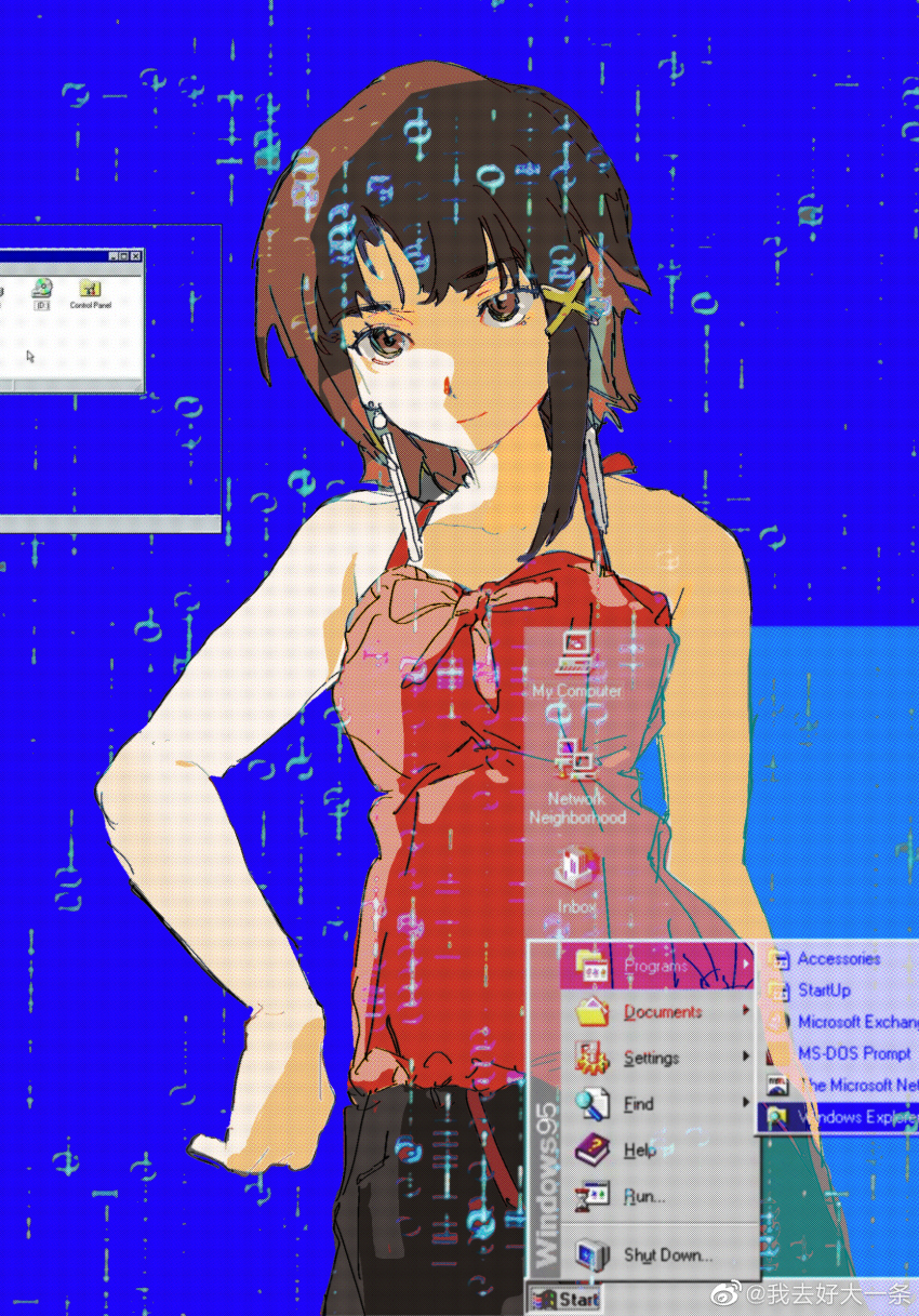 1girl asymmetrical_hair bare_shoulders brown_eyes brown_hair camisole cloudyooooo desktop_(computing) ear_piercing earrings glitch hair_ornament hairclip highres iwakura_lain jewelry looking_at_viewer microsoft_windows ms-dos piercing serial_experiments_lain short_hair single_sidelock smile solo watermark weibo_watermark window_(computing) windows_95 windows_classic x_hair_ornament