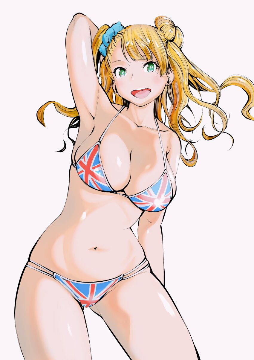1girl absurdres asymmetrical_hair bikini breasts cleavage collarbone commentary_request flag_print flag_print_bikini fukushima_masayasu galko hair_bun hair_ornament hair_scrunchie highres long_hair looking_at_viewer multi-strapped_bikini_bottom navel one_side_up open_mouth oshiete!_galko-chan print_bikini scrunchie simple_background single_hair_bun single_side_bun solo swimsuit thighs union_jack union_jack_bikini white_background