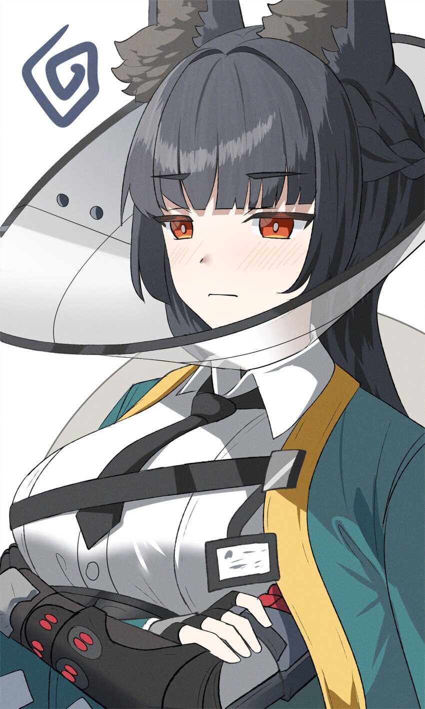 1girl animal_ear_fluff animal_ears bibitapel black_gloves black_hair black_necktie blunt_bangs closed_mouth crossed_arms dress_shirt fingerless_gloves fox_ears fox_girl gauntlets gloves green_jacket highres hoshimi_miyabi jacket light_blush looking_ahead necktie pet_cone shirt simple_background solo upper_body white_background white_shirt zenless_zone_zero
