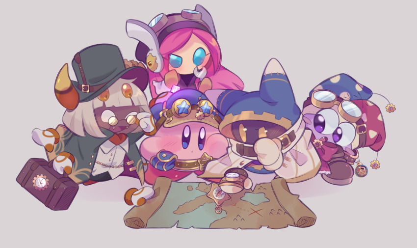 1girl blue_eyes colored_skin compass fafameow glasses goggles goggles_on_head grey_background hat highres holding holding_wrench horns hoshi_no_kirby:_mugen_no_haguruma_o_sagase! jester_cap kirby kirby_(series) magolor map_(object) marx_(kirby) nintendo pink_hair pink_skin purple_skin rayman_limbs round_eyewear simple_background susie_(kirby) taranza white_hair wrench yellow_eyes