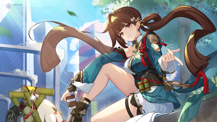 bird blue_sky breasts brown_eyes brown_hair building chinese_commentary commentary_request copyright_name cup disposable_cup dress green_dress highres holding holding_cup honkai_(series) honkai_impact_3rd jingwei_(bird) li_sushang li_sushang_(peregrine_sword) long_hair looking_at_viewer medium_breasts official_art sitting sky skyscraper smile thighs tree