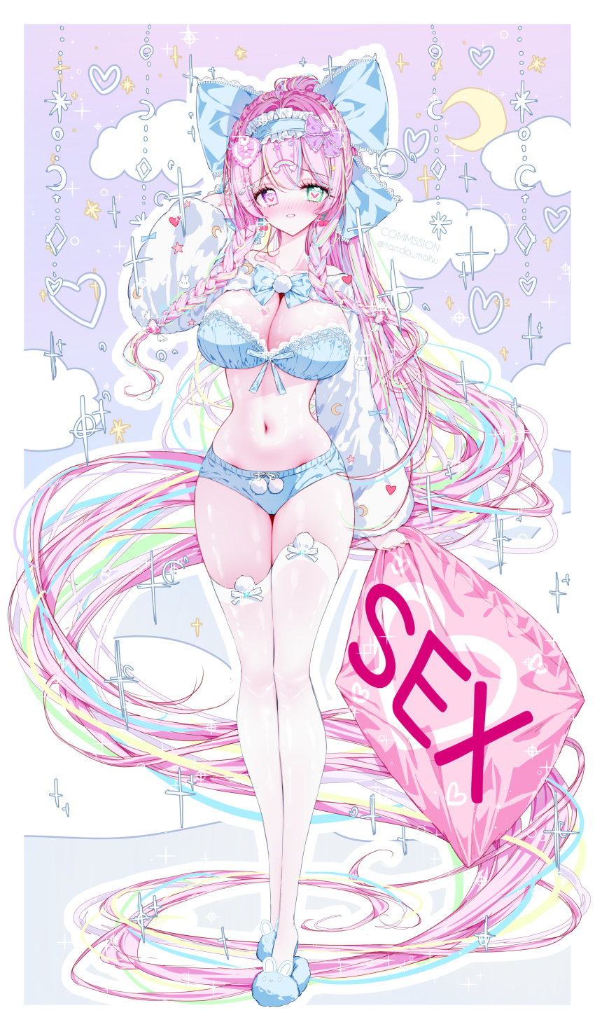 1girl absurdres animal_slippers artist_name blue_bow blue_bowtie blue_bra blue_hairband blue_panties blue_ribbon blue_slippers blush border bow bowtie bra braid breast_tattoo breasts bunny_slippers cameltoe cherry_earrings cleavage cloud collarbone commentary_request commission crescent crescent_hair_ornament earrings food-themed_earrings food_themed_earrings frilled_hairband frills full_body gradient_background green_eyes grin hair_bow hair_ornament hair_ribbon hairband hand_up heart heart_hair_ornament heart_in_eye heterochromia highres holding holding_pillow jewelry lace lace-trimmed_bra lace_trim large_breasts lingerie long_hair long_sleeves looking_at_viewer mole mole_under_eye navel original panties paw_hair_ornament pillow pink_eyes pink_hair pink_pillow pom_pom_(clothes) purple_background purple_bow rainbow_hair_ornament ribbon shiny_skin shrug_(clothing) slippers smile solo sparkle stomach symbol_in_eye tandohark tattoo thighhighs thighs too_many_hair_ornaments twitter_username underwear very_long_hair white_border white_shrug white_thighhighs wing_hair_ornament yume_kawaii