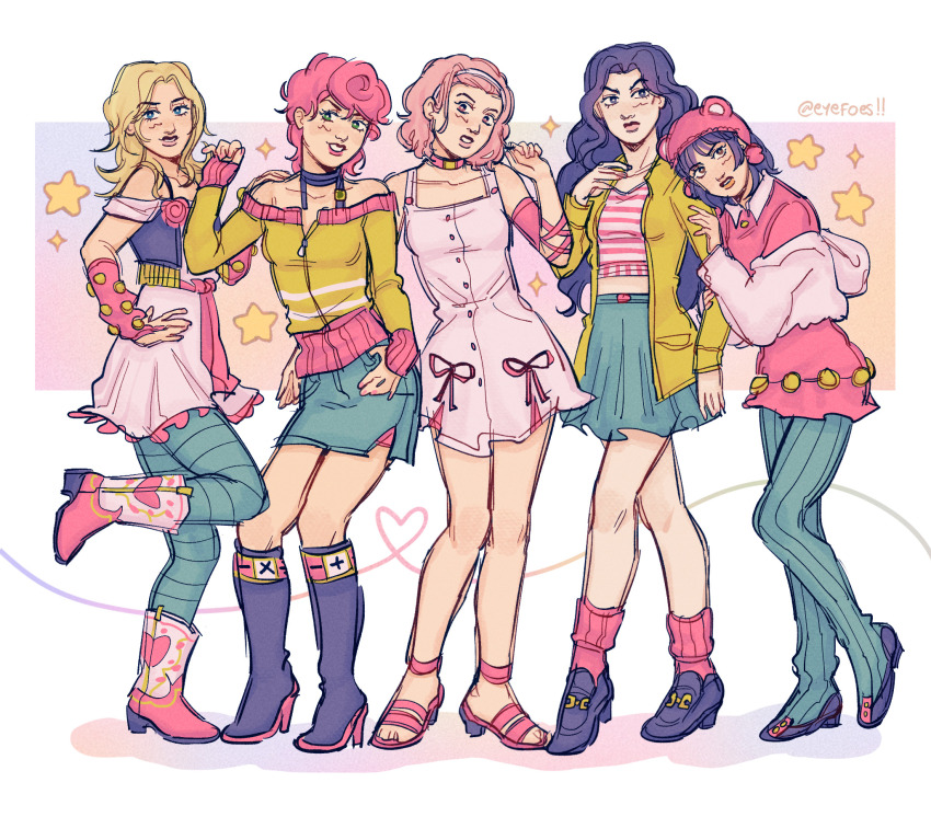 5girls alternate_costume animal_ears bare_shoulders bear_ears black_boots black_hair blonde_hair boots bridal_gauntlets diamond_wa_kudakenai dress eyefoes fake_animal_ears green_pants hat higashikata_daiya highres jacket jojo_no_kimyou_na_bouken jojolion long_hair lucy_steel multiple_girls pants pink_bridal_gauntlets pink_dress pink_hair pink_hat shirt short_hair steel_ball_run striped_clothes striped_shirt sugimoto_reimi trish_una vento_aureo white_dress yamagishi_yukako yellow_jacket